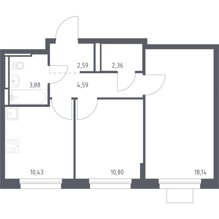 1-BD Apartment Sale, 52.79 sq. m. at Pribrezhnyi Park, Pribrezhniy Park Residential Complex, Village of Yam, Domodedovo City District, Moscow Region, Russia #1