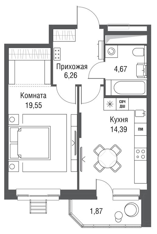1-BD Apartment Sale, 46.74平方米 at Odinburg, Severnaya Street, 11, Odintsovo, Moscow Region, Russia #2