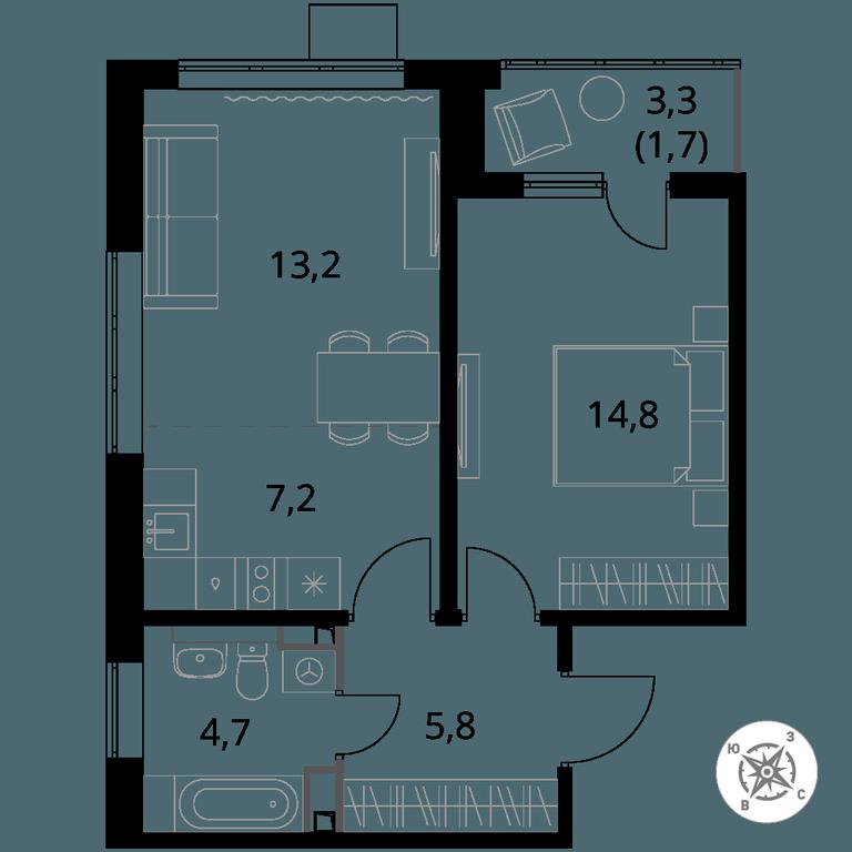 2-BD Apartment Sale, 47.4 sq. m. at Pervy Donskoj, zhiloy mikrorayon Sapronovo, derevnya Sapronovo, Leninskiy City District, Moscow Region, Russia #1