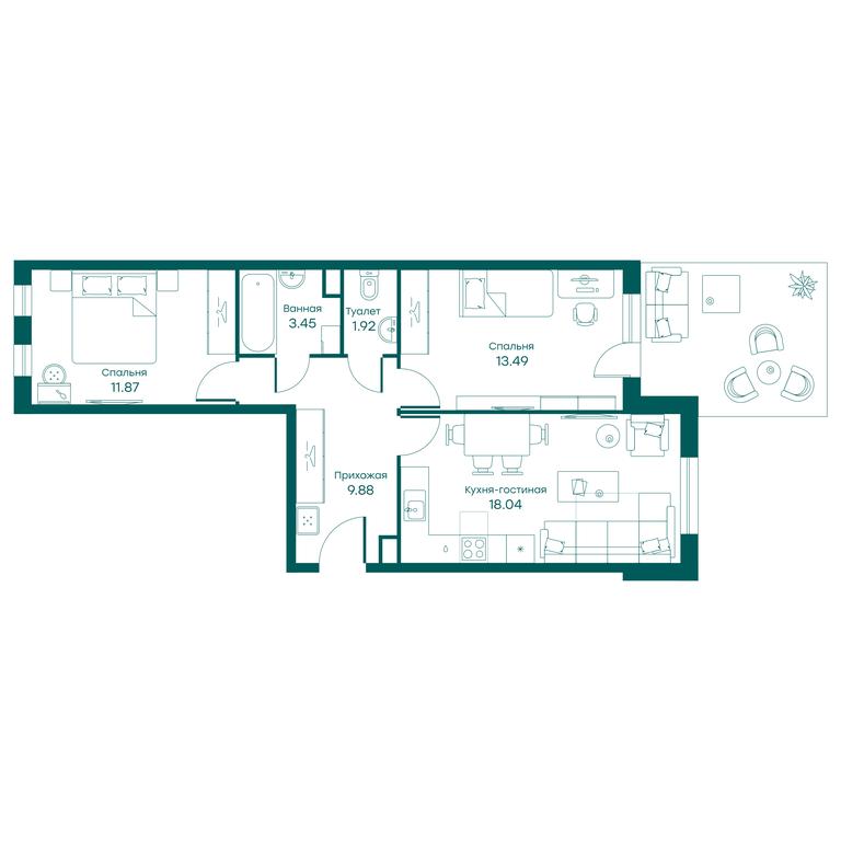2-BD Apartment Sale, 58.6平方米 at Ravnovesie, zhiloy kompleks Ravnovesiye, selo Perkhushkovo, Odintsovskiy City District, Moscow Region, Russia #1