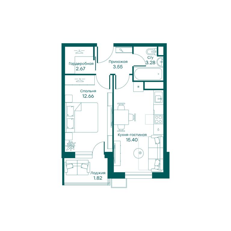 1-BD Apartment Sale, 39.3平方米 at Ravnovesie, zhiloy kompleks Ravnovesiye, selo Perkhushkovo, Odintsovskiy City District, Moscow Region, Russia #1