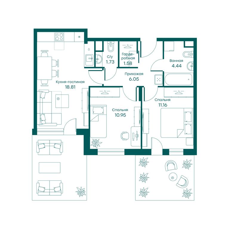 2-BD Apartment Sale, 54.5平方米 at Ravnovesie, zhiloy kompleks Ravnovesiye, selo Perkhushkovo, Odintsovskiy City District, Moscow Region, Russia #1
