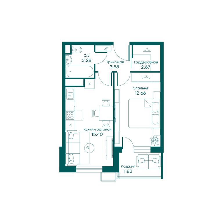 1-BD Apartment Sale, 39.4平方米 at Ravnovesie, zhiloy kompleks Ravnovesiye, selo Perkhushkovo, Odintsovskiy City District, Moscow Region, Russia #1