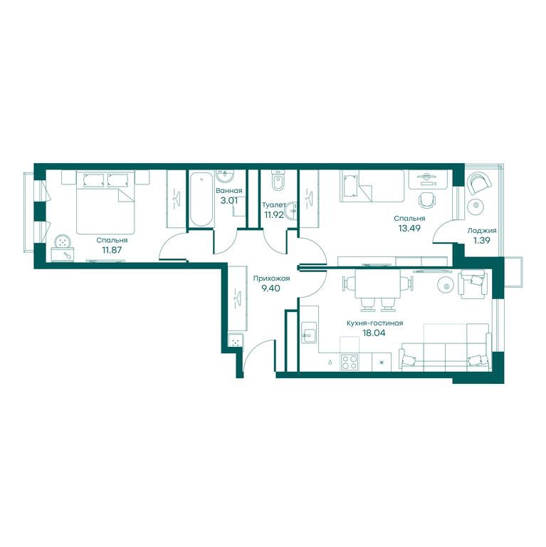 2-BD Apartment Sale, 59.1 sq. m. at Ravnovesie, zhiloy kompleks Ravnovesiye, selo Perkhushkovo, Odintsovskiy City District, Moscow Region, Russia #1