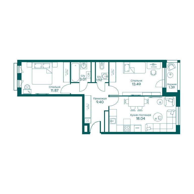 2-BD Apartment Sale, 59.1 sq. m. at Ravnovesie, zhiloy kompleks Ravnovesiye, selo Perkhushkovo, Odintsovskiy City District, Moscow Region, Russia #2
