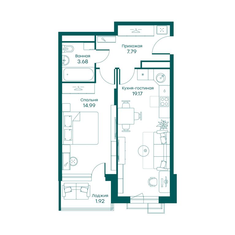 1-BD Apartment Sale, 47.4 sq. m. at Ravnovesie, zhiloy kompleks Ravnovesiye, selo Perkhushkovo, Odintsovskiy City District, Moscow Region, Russia #1
