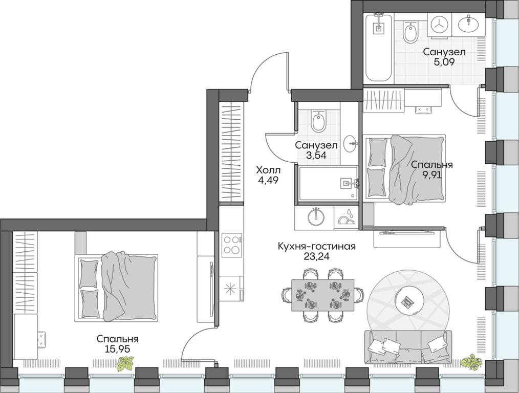 2-BD Apartment Sale, 61.72 sq. m. at Dom na naberezhnoy INSIDER (Insayder), Avtozavodskaya Street, Moscow, Russia #1