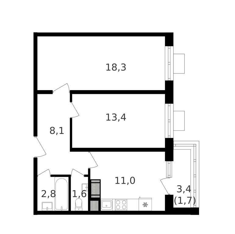 2-BD Apartment Sale, 58.3平方米 at Oktiabrskoe Pole, Berzarina Street, 32к1, Moscow, Russia #2