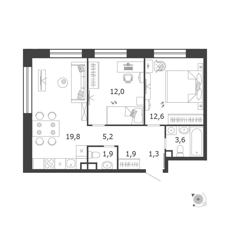 2-BD Apartment Sale, 58.3平方米 at Shagal, Автозаводская улица, 23, Москва, Россия #1