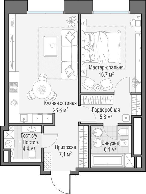 1-BD Apartment Sale, 66.6 sq. m. at Frunzenskaya naberezhnaya, Frunzenskaya Embankment, 30, Moscow, Russia #1
