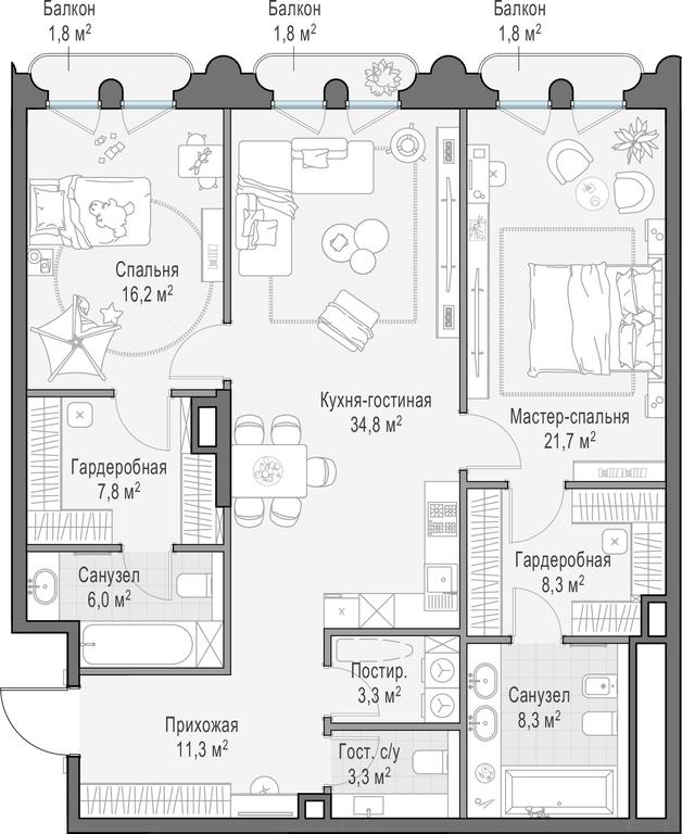 1-BD Apartment Sale, 122.5平方米 at Frunzenskaya naberezhnaya, Frunzenskaya Embankment, 30, Moscow, Russia #1