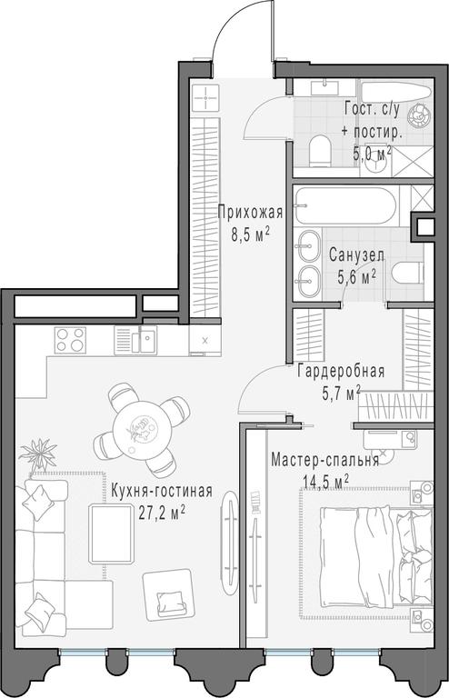 1-BD Apartment Sale, 66.5平方米 at Frunzenskaya naberezhnaya, Frunzenskaya Embankment, 30, Moscow, Russia #1
