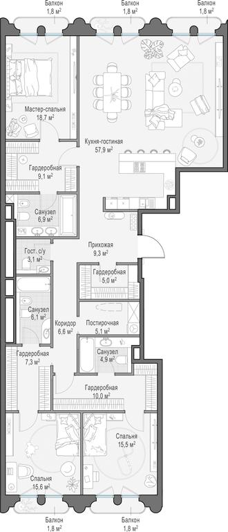 4-BD Apartment Sale, 184.4平方米 at Frunzenskaya naberezhnaya, Frunzenskaya Embankment, 30, Moscow, Russia #1