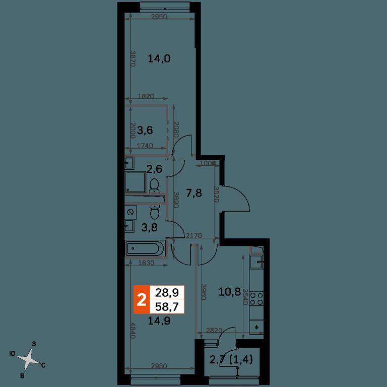 2-BD Apartment Sale, 58.9平方米 at Sky Garden, Stroitelny Drive, 9с6, Moscow, Russia #2