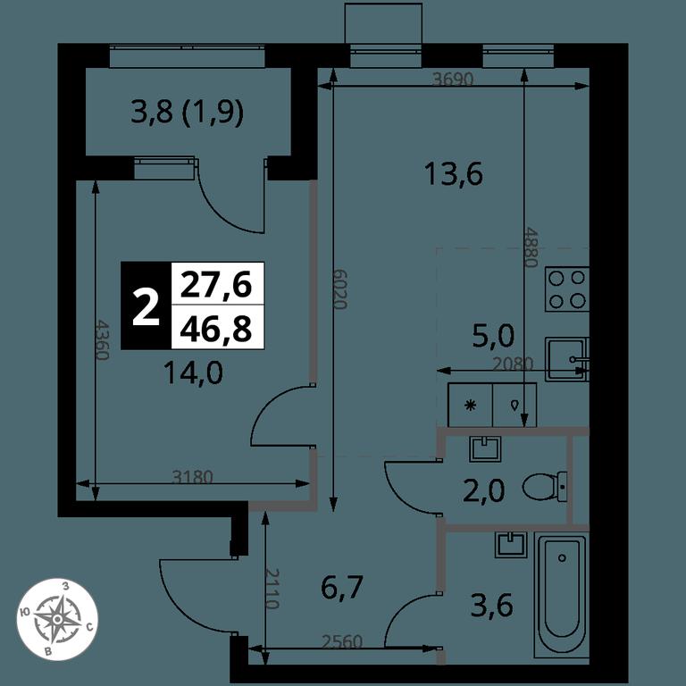 2-BD Apartment Sale, 46.8 sq. m. at 1 Yasenevskij, Kvartal № 24, Mosrentgen Settlement, Moscow, Russia #1