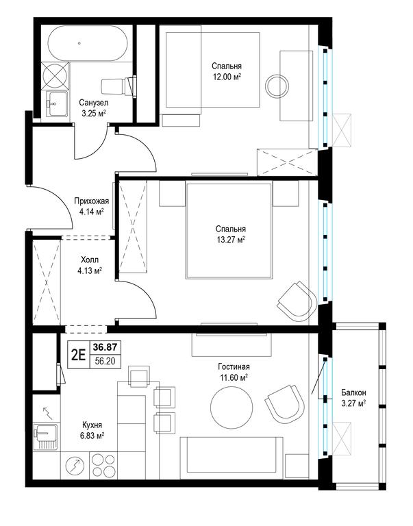 2-BD Apartment Sale, 56.4平方米 at Eko Vidnoe 2.0, kvartal Tsentralny, 1, Kupelinka Subdistrict, derevnya Sapronovo, Leninskiy City District, Moscow Region, Russia #1 2-BD Apartment Sale, 56.4平方米 at Eko Vidnoe 2.0, kvartal Tsentralny, 1, Kupelinka Subdistrict, derevnya Sapronovo, Leninskiy City District, Moscow Region, Russia #1