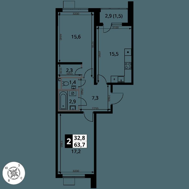 2-BD Apartment Sale, 63.7 sq. m. at Pervy Donskoj, zhiloy mikrorayon Sapronovo, derevnya Sapronovo, Leninskiy City District, Moscow Region, Russia #2
