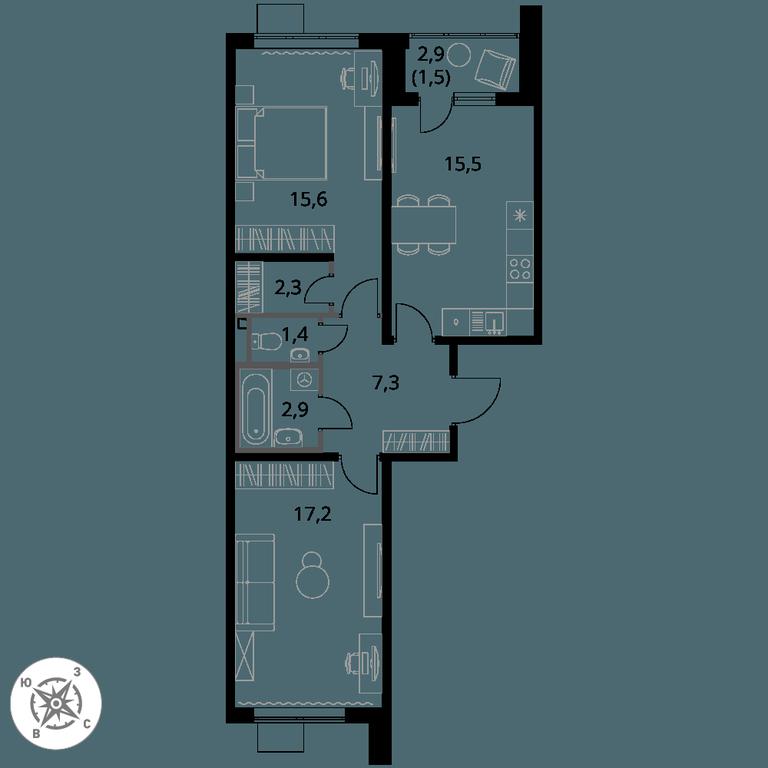 2-BD Apartment Sale, 63.7 sq. m. at Pervy Donskoj, zhiloy mikrorayon Sapronovo, derevnya Sapronovo, Leninskiy City District, Moscow Region, Russia #1