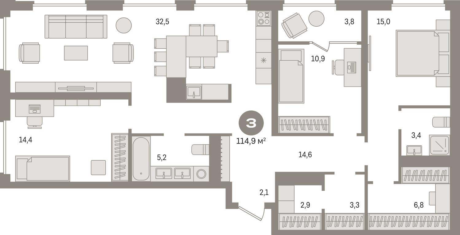 3-BD Apartment Sale, 115.5 sq. m. at Pervy kvartal, Kalinovaya ulitsa, derevnya Sapronovo, Leninskiy City District, Moscow Region, Russia #1