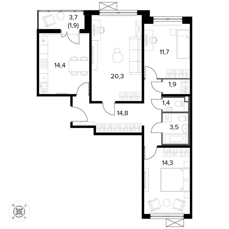 3-BD Apartment Sale, 84.2 sq. m. at Pervyi Leningradskiy, Pervy Leningradskiy Residential Complex, Moscow, Russia #1