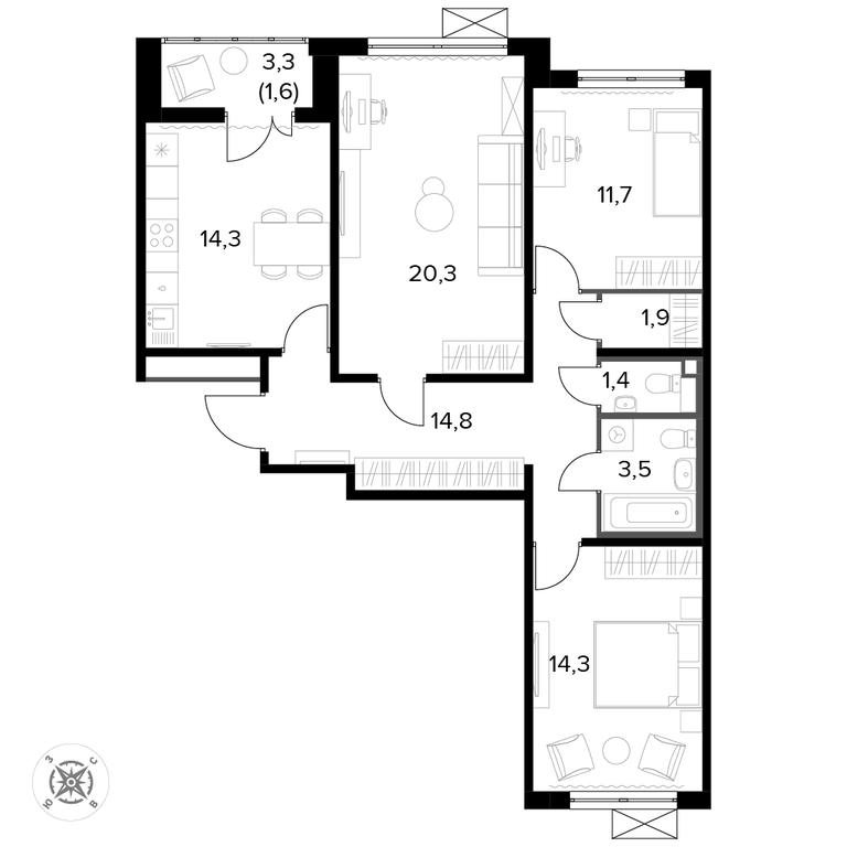 3-BD Apartment Sale, 83.8 sq. m. at Pervyi Leningradskiy, Pervy Leningradskiy Residential Complex, Moscow, Russia #1