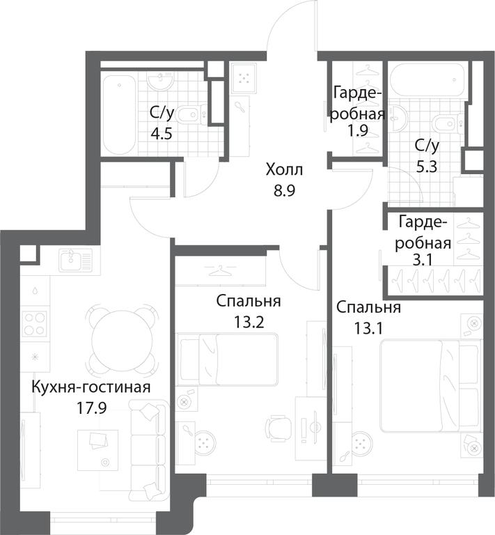 2-BD Apartment Sale, 67.9 sq. m. at Nagatino i-Land, Andropova Avenue, 18с4, Moscow, Russia #1 2-BD Apartment Sale, 67.9 sq. m. at Nagatino i-Land, Andropova Avenue, 18с4, Moscow, Russia #1