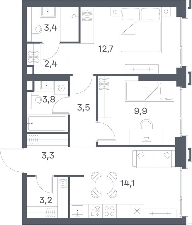2-BD Apartment Sale, 56.3平方米 at Portland, Yuzhnoportovaya Street, 42с5, Moscow, Russia #1