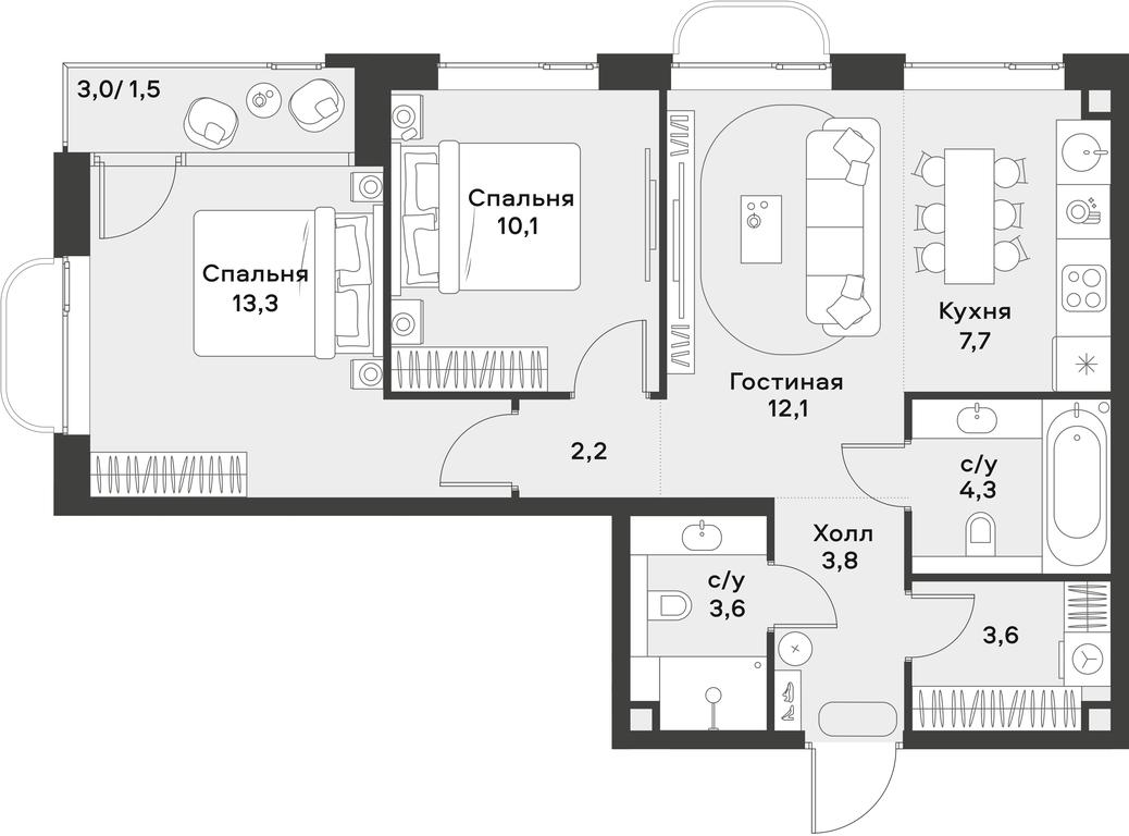 1-BD Apartment Sale, 62.2平方米 at Alia, Lyotnaya Street, 95Бк2, Moscow, Russia #2
