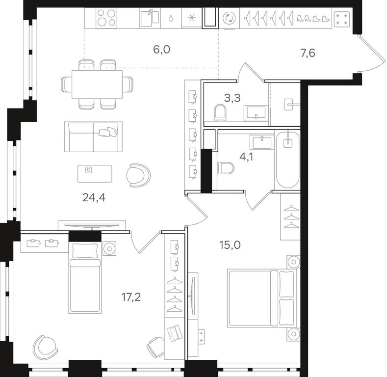 2-BD Apartment Sale, 77.6平方米 at Mangazeja v Bogorodskom, Ivanteyevskaya Street, 25к1, Moscow, Russia #2 2-BD Apartment Sale, 77.6平方米 at Mangazeja v Bogorodskom, Ivanteyevskaya Street, 25к1, Moscow, Russia #2
