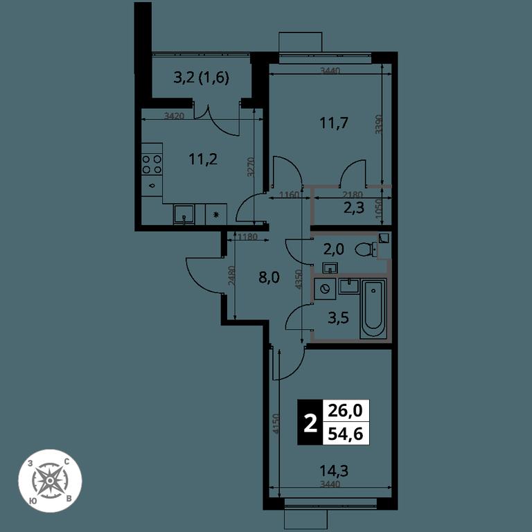 2-BD Apartment Sale, 54.6 sq. m. at Pervy Sheremetevskij, Komsomolskaya Street, 16, Khimki, Moscow Region, Russia #2