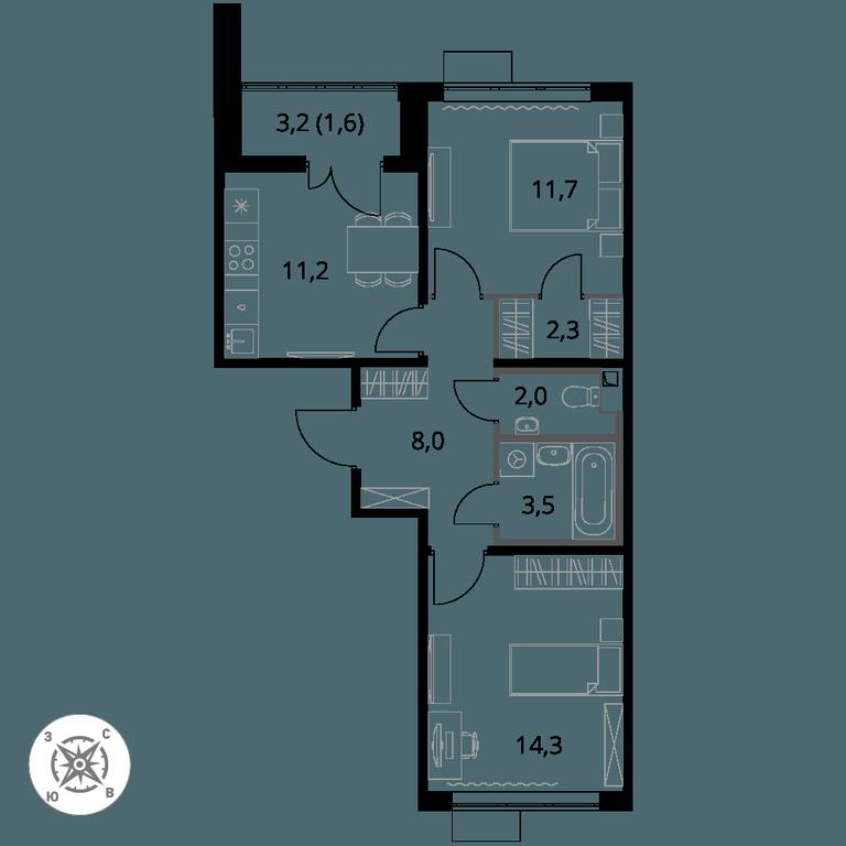 2-BD Apartment Sale, 54.6 sq. m. at Pervy Sheremetevskij, Komsomolskaya Street, 16, Khimki, Moscow Region, Russia #1