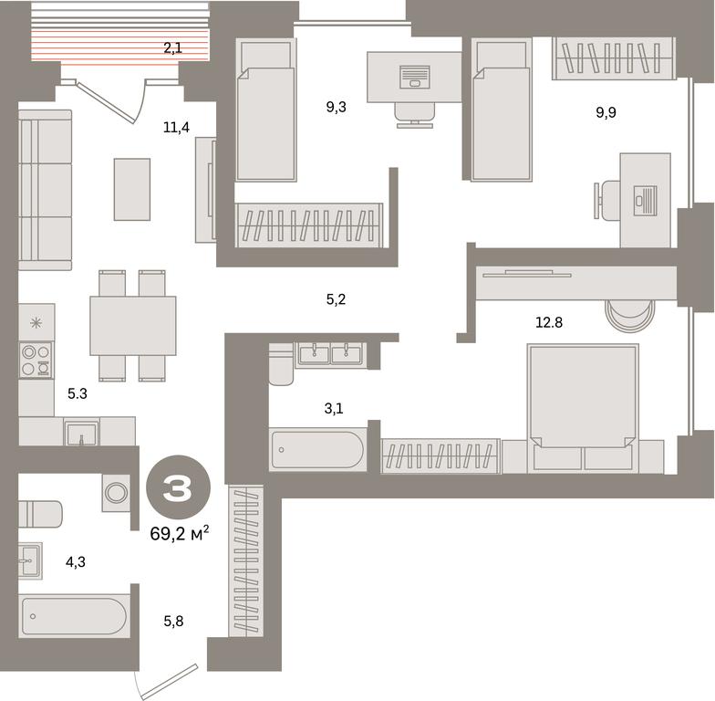 2-BD Apartment Sale, 69.2平方米 at Kvartal Metronom, Tagilskaya Street, Moscow, Russia #1