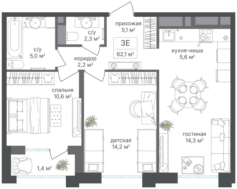 2-BD Apartment Sale, 60.7 sq. m. at Mikhalkovskiy, Mikhalkovskaya Street, 48, Moscow, Russia #1