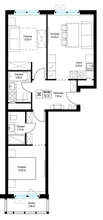 2-BD Apartment Sale, 58.4平方米 at Eko Vidnoe 2.0, kvartal Tsentralny, 1, Kupelinka Subdistrict, derevnya Sapronovo, Leninskiy City District, Moscow Region, Russia #1 2-BD Apartment Sale, 58.4平方米 at Eko Vidnoe 2.0, kvartal Tsentralny, 1, Kupelinka Subdistrict, derevnya Sapronovo, Leninskiy City District, Moscow Region, Russia #1