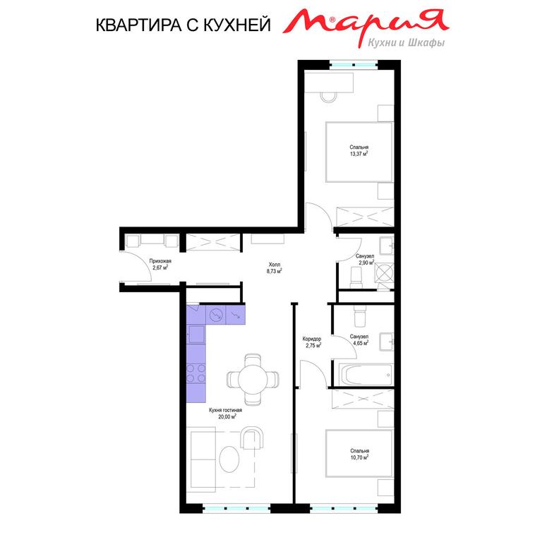 2-BD Apartment Sale, 65.1 sq. m. at Eko Vidnoe 2.0, kvartal Tsentralny, 1, Kupelinka Subdistrict, derevnya Sapronovo, Leninskiy City District, Moscow Region, Russia #1