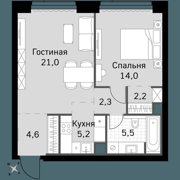 2-BD Apartment Sale, 54.8平方米 at Amber City, 3rd Khoroshyovsky Drive, 3А, Moscow, Russia #1