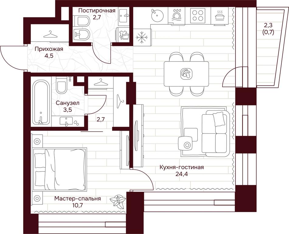 1-BD Apartment Sale, 48.7平方米 at Dom 7 Danilovskiy, Serpukhovsky Val Street, Moscow, Russia #1