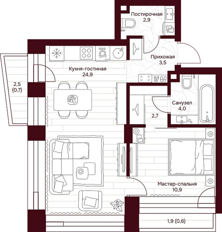 1-BD Apartment Sale, 49.7 sq. m. at Dom 7 Danilovskiy, Serpukhovsky Val Street, Moscow, Russia #1