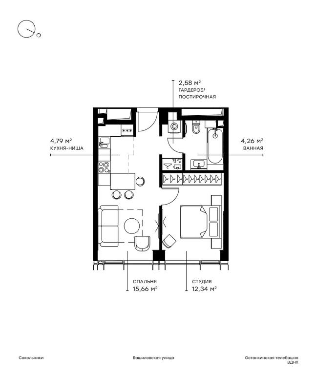 1-BD Apartment Sale, 39.8 sq. m. at Symphony 34, 2nd Khutorskaya Street, 38А, Moscow, Russia #1