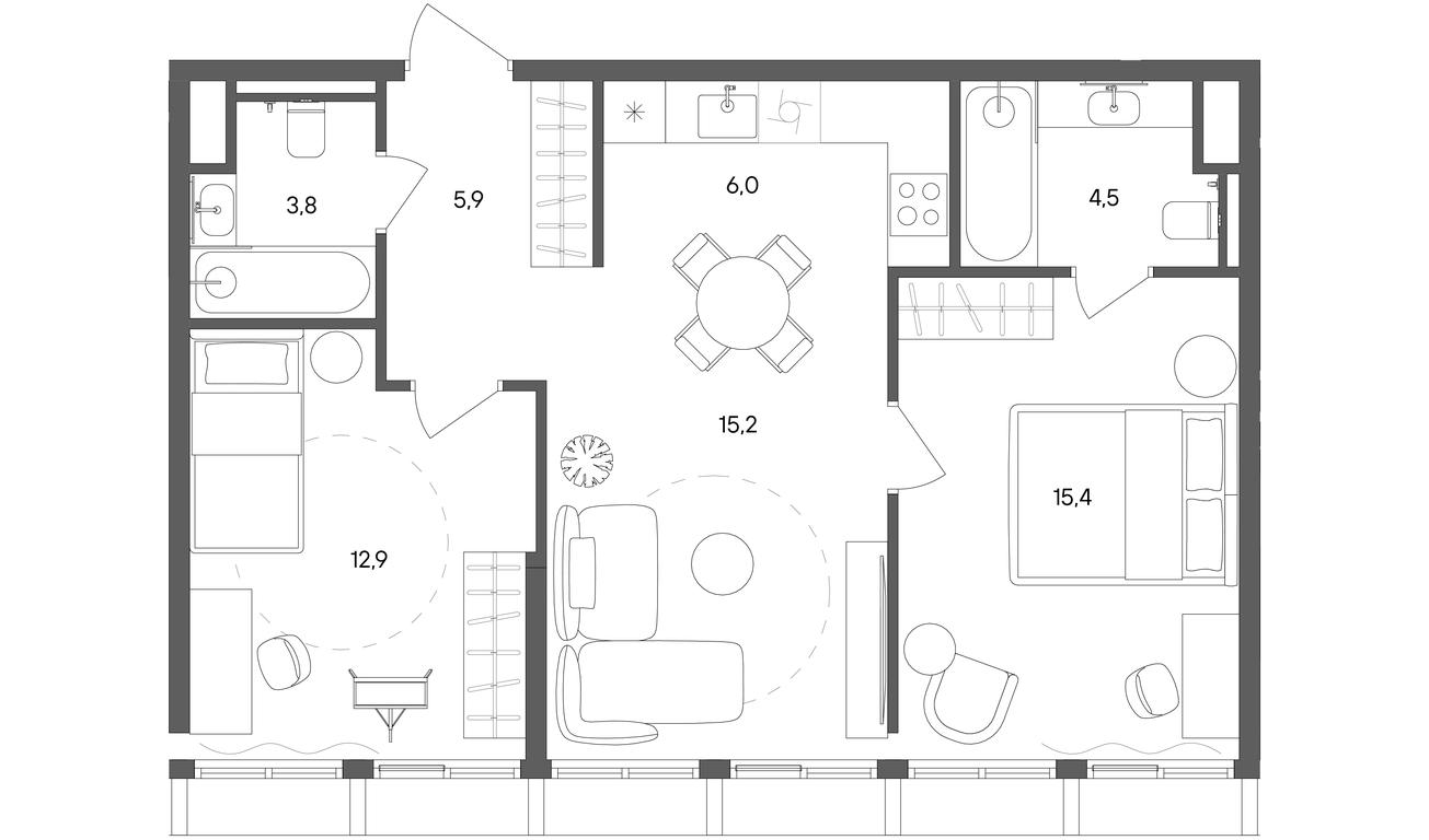 2-BD Apartment Sale, 63.7平方米 at Sokolniki (Sokolniki), Gastello Street, Moscow, Russia #1