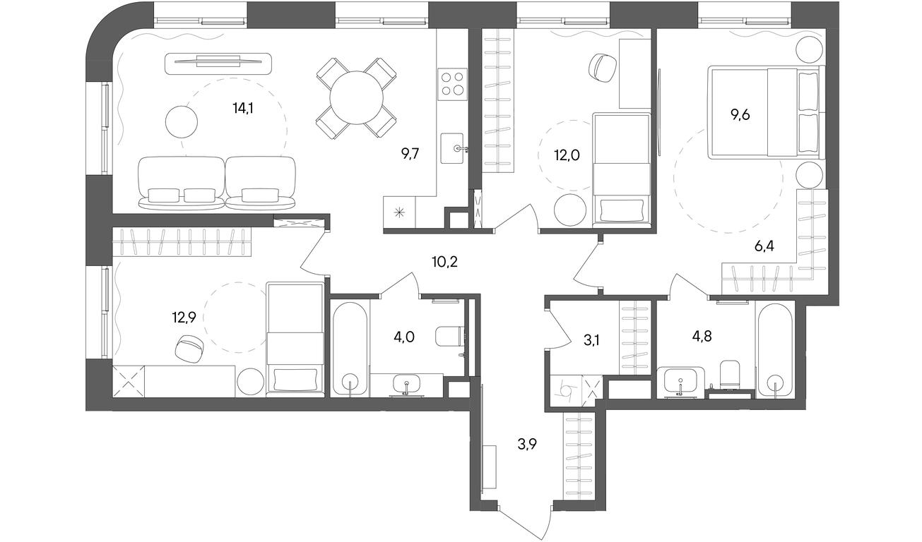3-BD Apartment Sale, 90.7 sq. m. at Sokolniki (Sokolniki), Gastello Street, Moscow, Russia #1