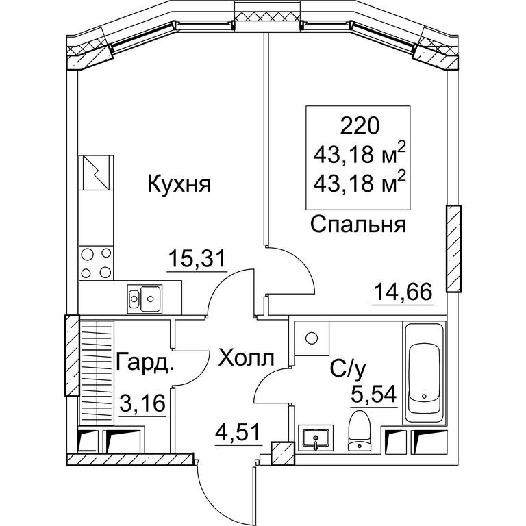 1-BD Apartment Sale, 43.18 sq. m. at SEZAR CITY, 2nd Khoroshyovsky Drive, Moscow, Russia #1