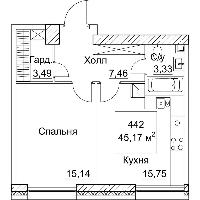 1-BD Apartment Sale, 46.11 sq. m. at SEZAR CITY, 2nd Khoroshyovsky Drive, Moscow, Russia #1