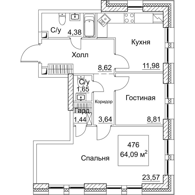 2-BD Apartment Sale, 65.5平方米 at SEZAR CITY, 2nd Khoroshyovsky Drive, Moscow, Russia #1