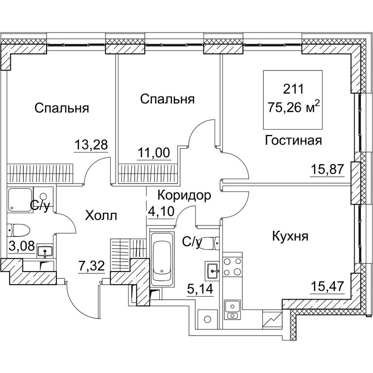 3-BD Apartment Sale, 75.26 sq. m. at SEZAR CITY, 2nd Khoroshyovsky Drive, Moscow, Russia #1