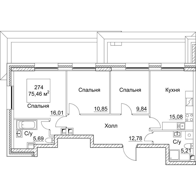 3-BD Apartment Sale, 75.46 sq. m. at SEZAR CITY, 2nd Khoroshyovsky Drive, Moscow, Russia #1