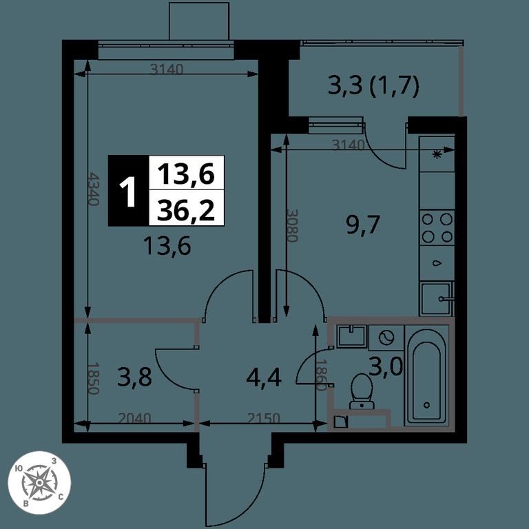 1-BD Apartment Sale, 36.2 sq. m. at Pervy Donskoj, zhiloy mikrorayon Sapronovo, derevnya Sapronovo, Leninskiy City District, Moscow Region, Russia #2