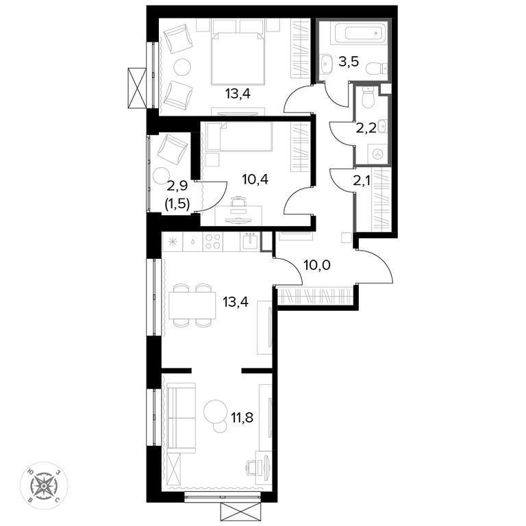 3-BD Apartment Sale, 68.4平方米 at Pervyi Leningradskiy, Pervy Leningradskiy Residential Complex, Moscow, Russia #1