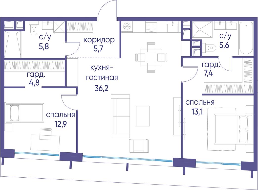 2-BD Apartment Sale, 91.5 sq. m. at Ostrov, Nizhnye Mnyovniki Street, 37Ас4, Moscow, Russia #1