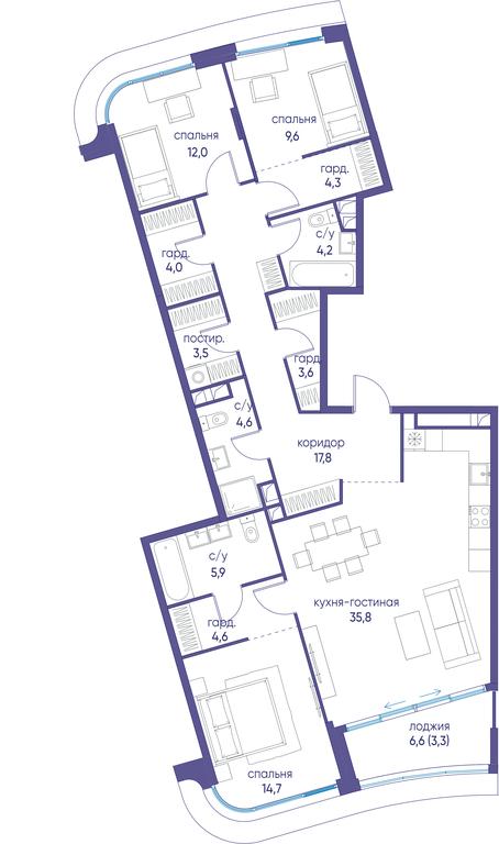 3-BD Apartment Sale, 127.9 sq. m. at Ostrov, Nizhnye Mnyovniki Street, 37Ас4, Moscow, Russia #1